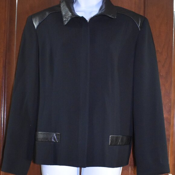 Women’s Black Blazer Jacket Size Large Faux Leather Trim Full Zip Chic Office - Picture 5 of 15